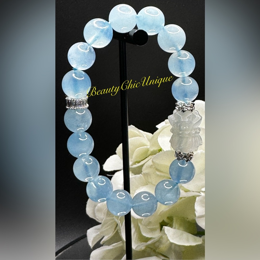 Handmade Natural Stone Aquamarine with Blue moonstone Lotus Charm Bracelet